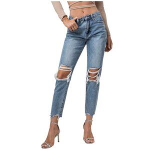 BUCKLE SLIM DISTRESSED MOM JEAN NON-STRETCH MEDIUM BLUE